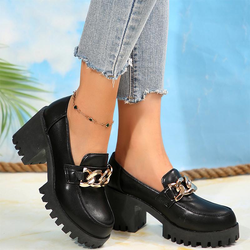 Fashion Chain High Heels Woman Loafers Shoes Leather Chunky Fashion Dress Walking Shoes Women 2024 Trend Pumps Elegant Zapatillas Female