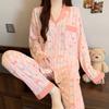 ins style girlish pajamas women's spring and autumn long-sleeved sweet bow full print casual loungewear set