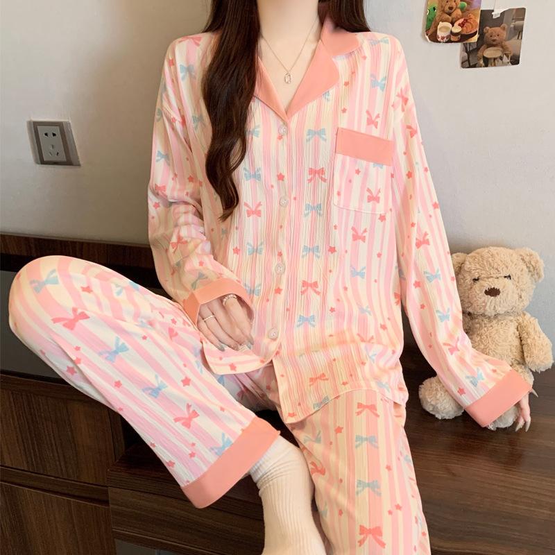ins style girlish pajamas women's spring and autumn long-sleeved sweet bow full print casual loungewear set