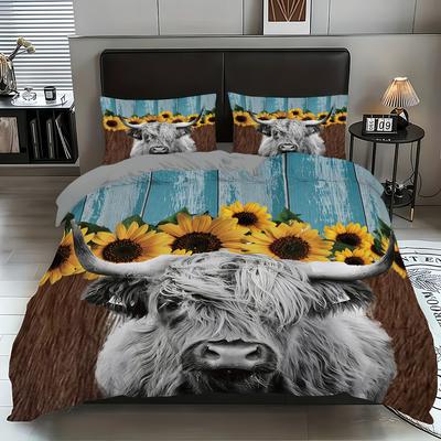 Quilt Cover Three-Piece Size Quilt Cover Highland Cow 3D Digital Printing Bedding
