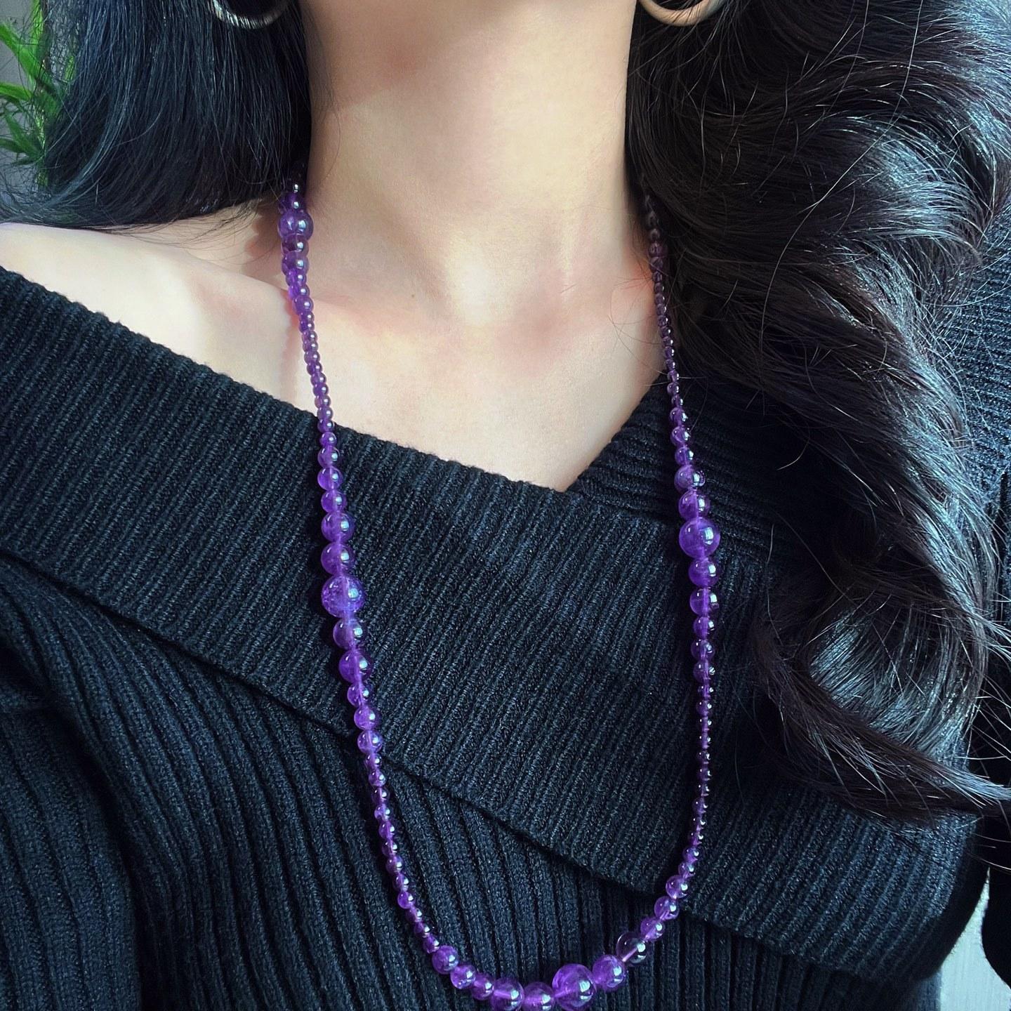 

Vintage High Quality Natural Royal Amethyst Design Sweater Chain Necklace Collarbone Chain Women