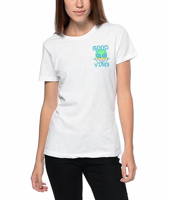 A-Lab Womens Good Vibes Alien Boyfriend White T-Shirt New XS, S, M, L L