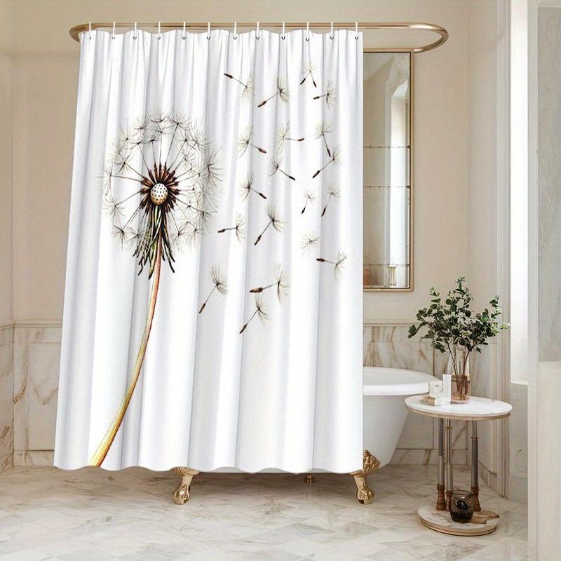 Dunika Chen White 1Pc Dandelion Seed Shower Curtain, Elegant Polyester, Whimsical Feathery Design,12 Hooks, Easy Install & Maintain