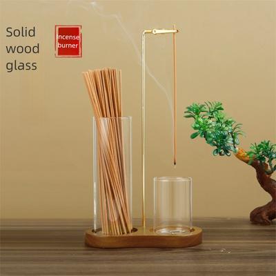 2 In 1 Incense Candle Holder with Ash Collector Removable Glass Incense Burner Wooden Base Rubber Wood Aromatherapy Burner