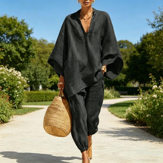 Completi da Donna 2 Pezzi Manica Lunga a Pipistrello Scollo a V Top e Pantaloni Corti Set Abbigliamento Estivo per Vacanze e Relax con Tasche