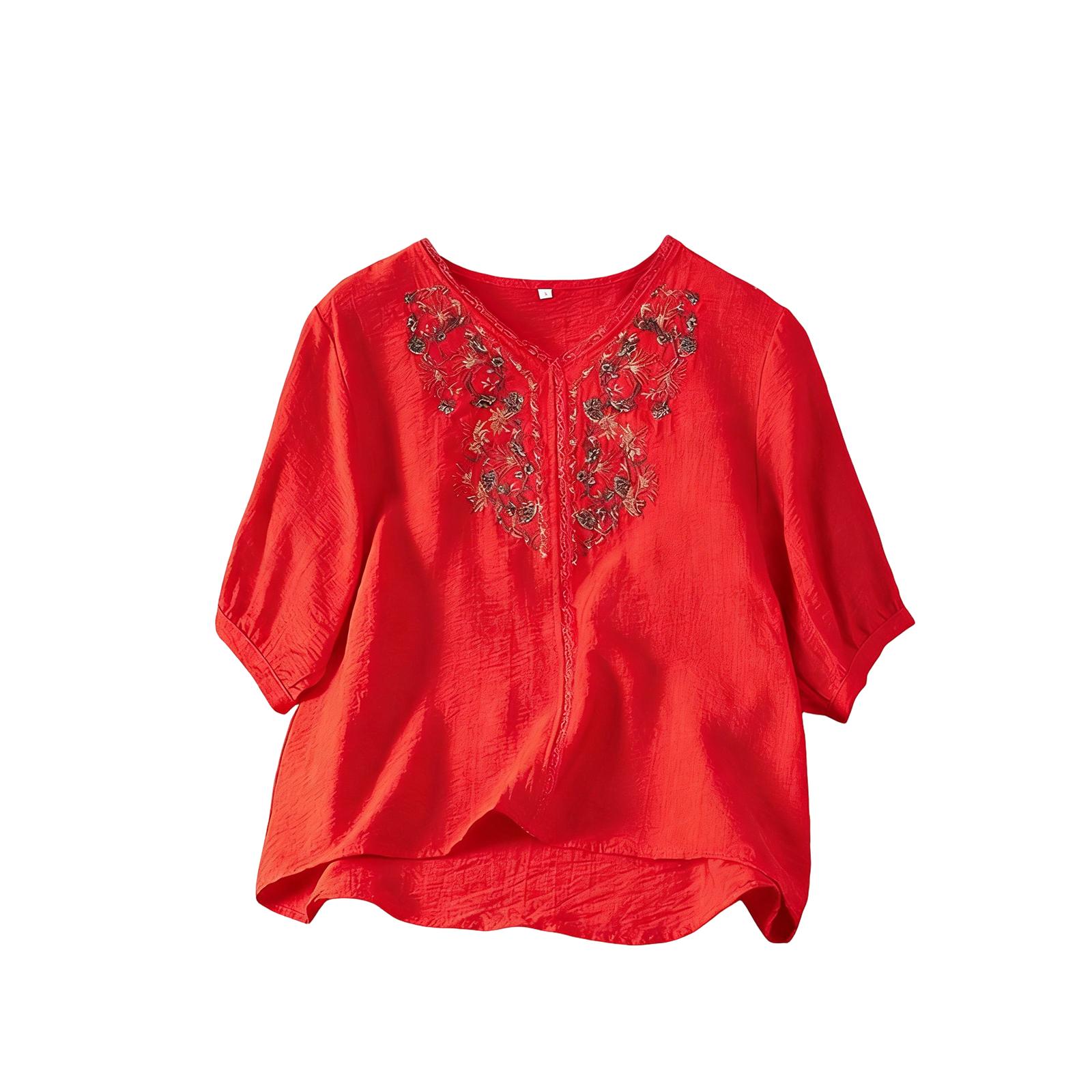 

Женский ретро топ из хлопка и льна с вышивкой XL красный