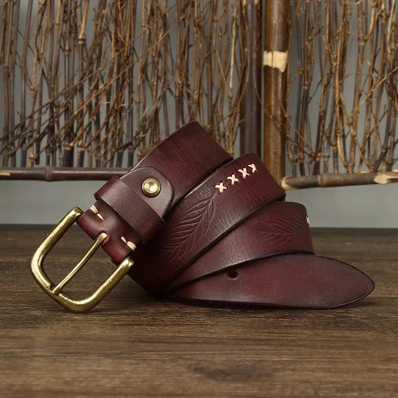 3.8 CM Pure Cowhide Genuine Leather for Men's High Quality Jeans Brass Buckle Belts Cowboy Waistband Male Designer Luxury Cintos
