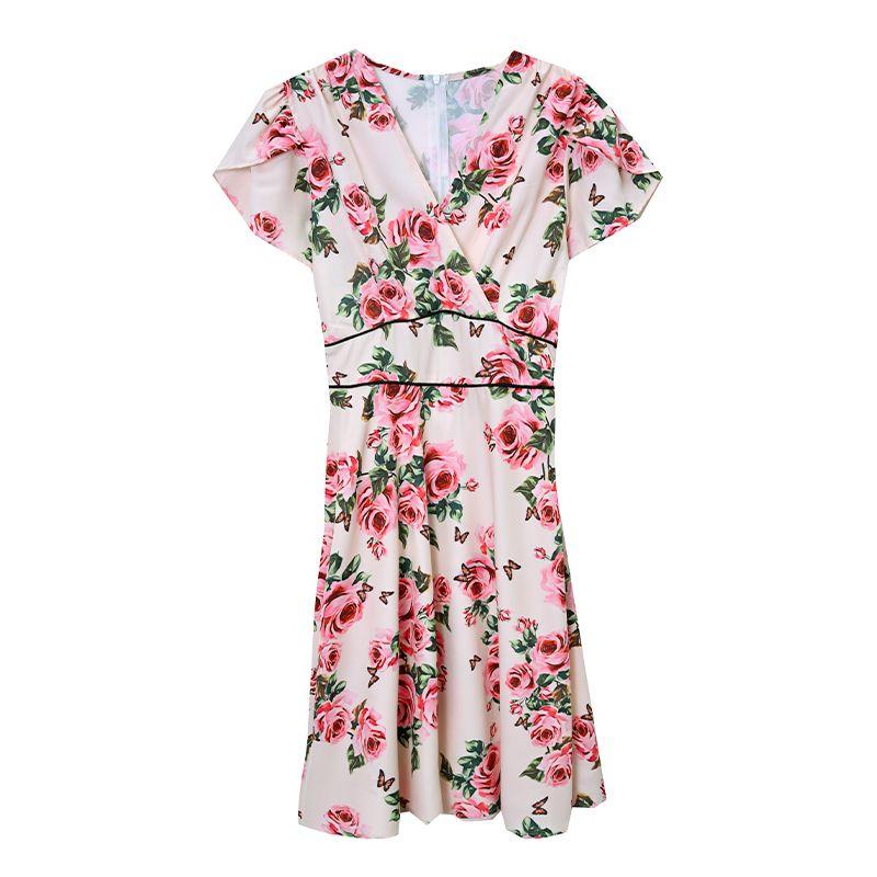 Retro Color Large Hem High Waist Slimming A- line Skirt Short Sleeve