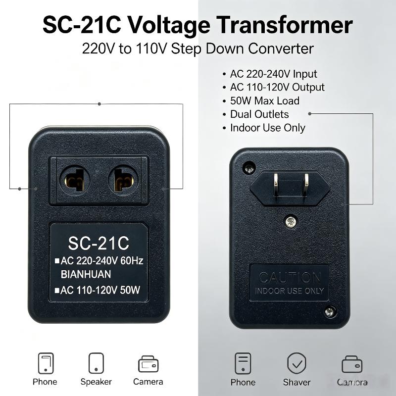 Universal Voltage Converter 220V to 110V 50W Short Circuit Protection Regulator Transformer for Safe Travel Use