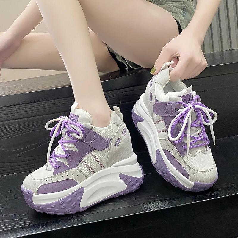Fashion Women Platform Casual Breathable Leather Shoes New Autumn Chunky Sneakers 10.5CM Wedges Hidden Heels Leisure Sports Shoes Woman