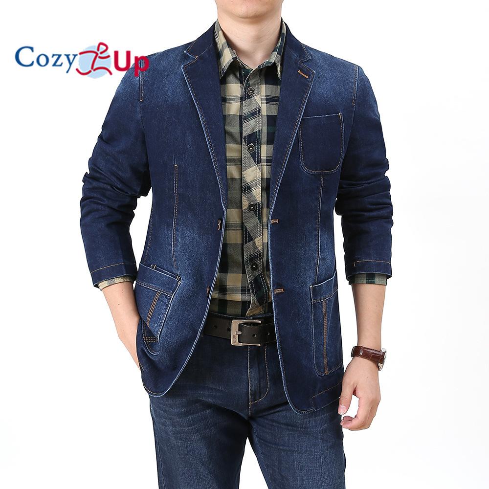 Cozy Up Men`s Vintage Label Collar Denim Jeans Jacket Trench Coat