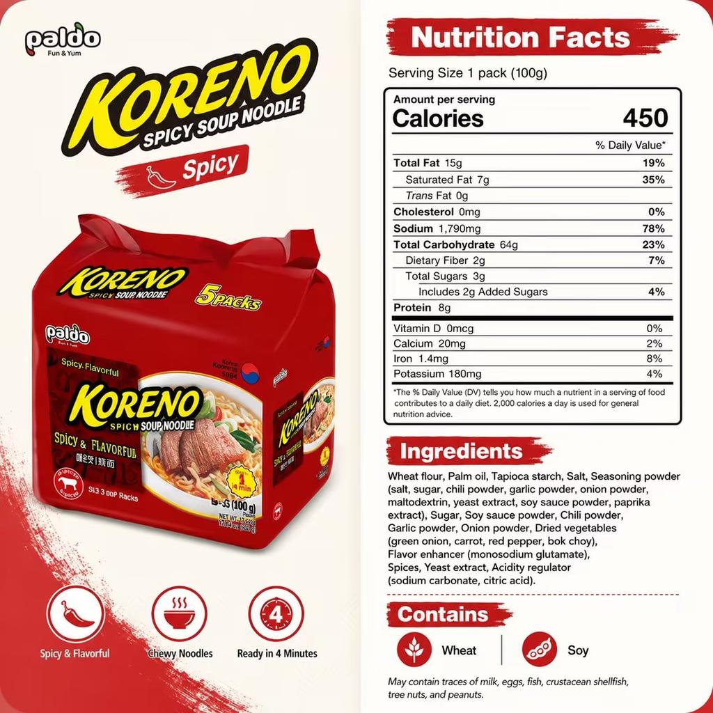 PALDO Spicy Soup Noodle Multi Pack 100g*5pcs | Rich spicy broth, chewy noodle texture, convenient multi-pack design