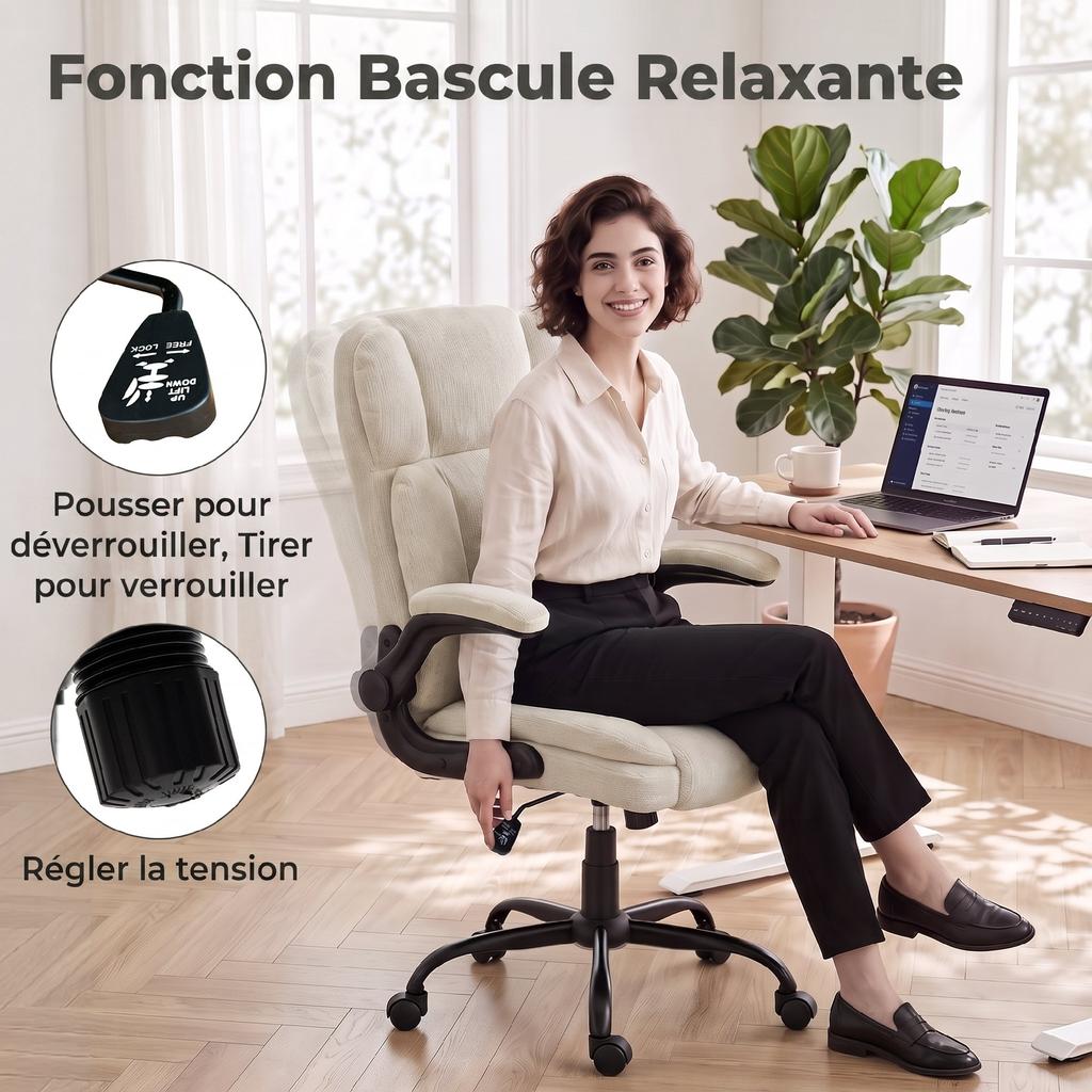 Ergonomic Office Chair, Chenille, Flip-Up Armrests, Adjustable Height, 70 x 67 x 108 cm, Beige