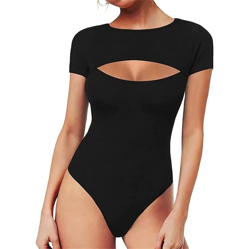 

Новый горячий хит продаж женский сексуальный комбинезон с круглым вырезом, вырезом спереди, облегающий, с длинным рукавом женский S чёрный