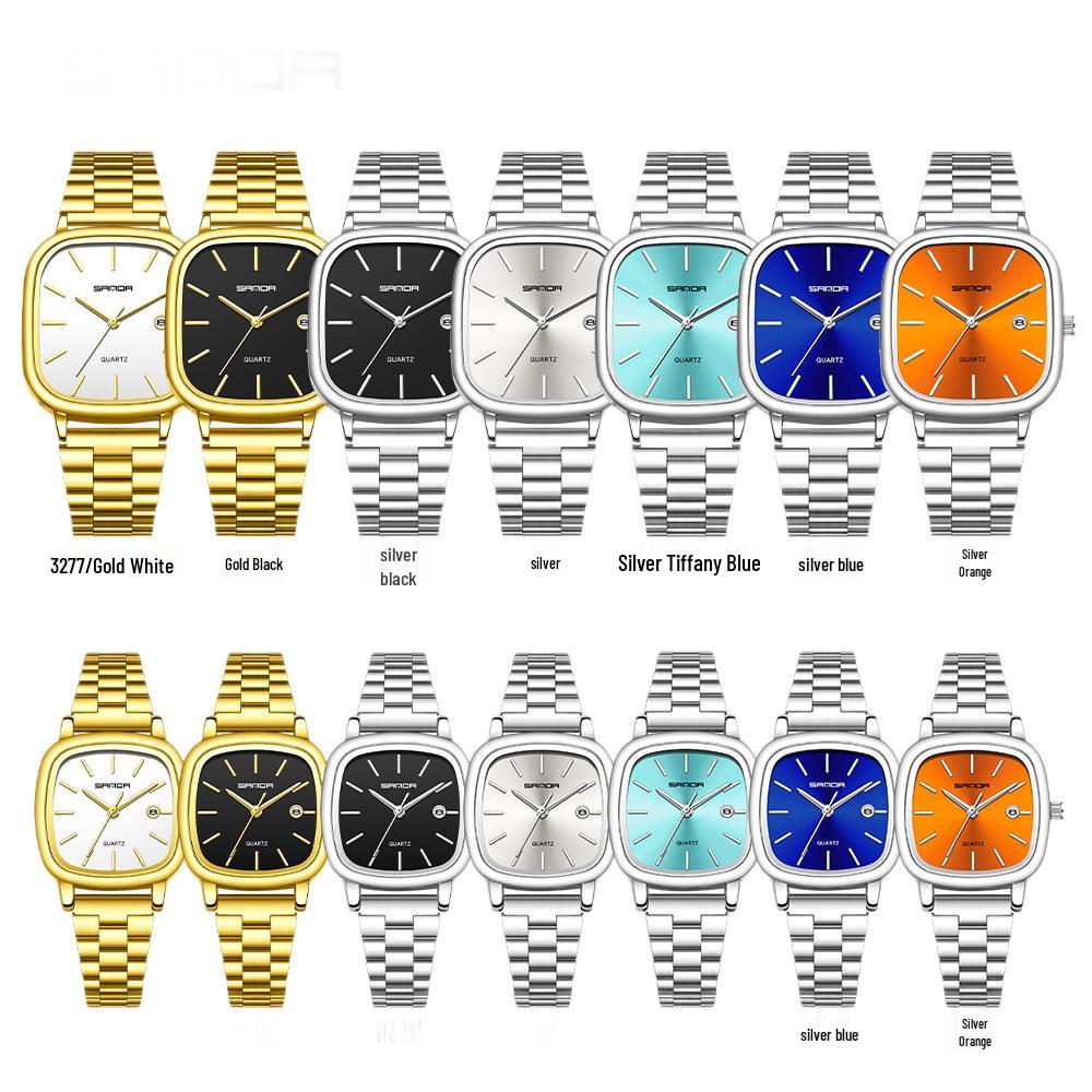 Sanda Fashionable Couple's Waterproof Quartz Watch with Calendar - Steel Strap, Square Design, Simple Bar Index