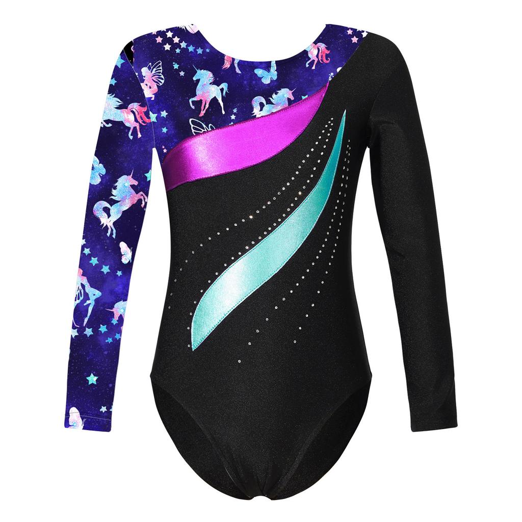 Girls Shiny Rhinestone Leotard Long Sleeve Round Neck Bronzing Fabric Pattern Print Performance Bodysuit