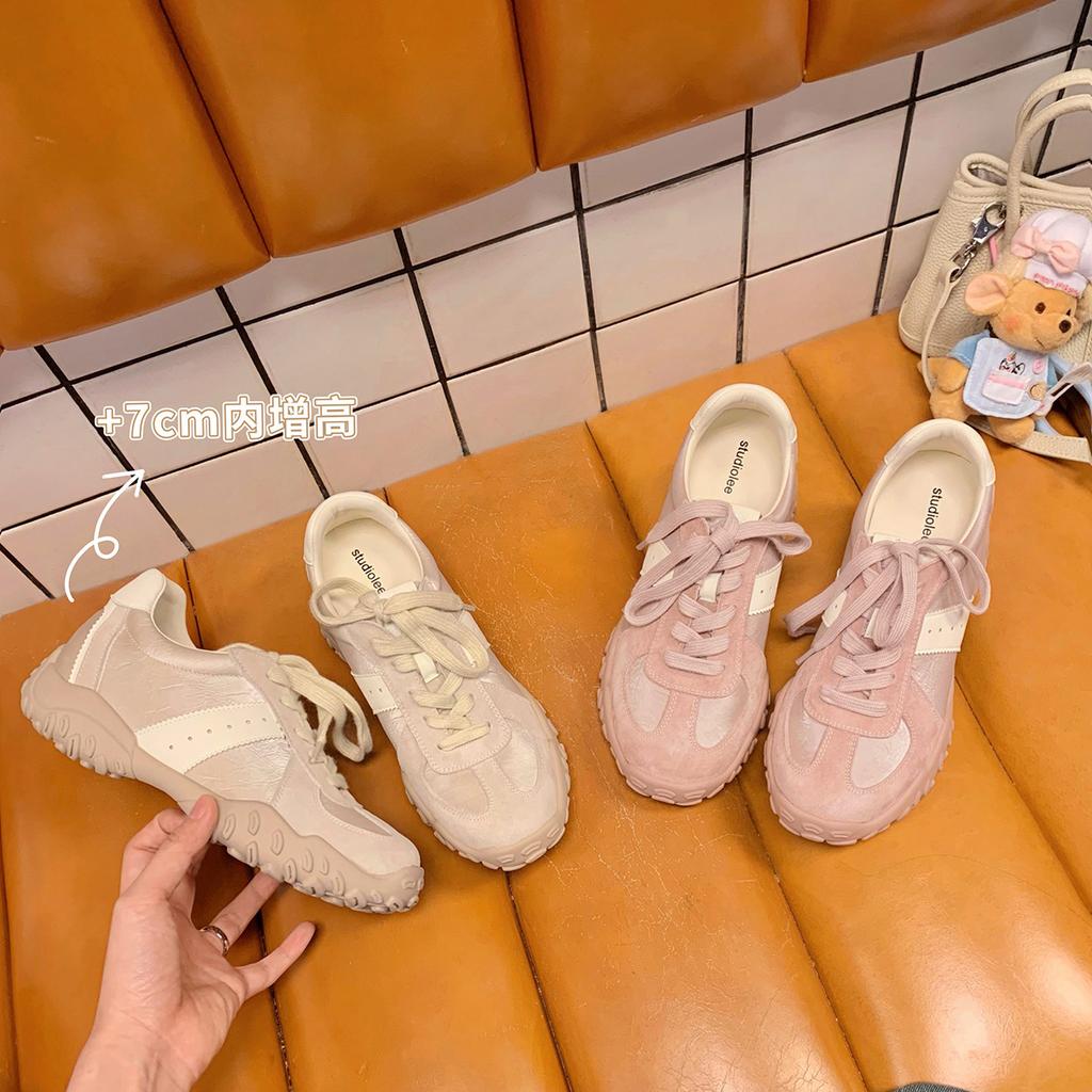 Cowhide version grape mother 7cm inner height increase casual sports shoes women's invisible pull-leg splicing round head lace-up German training shoe