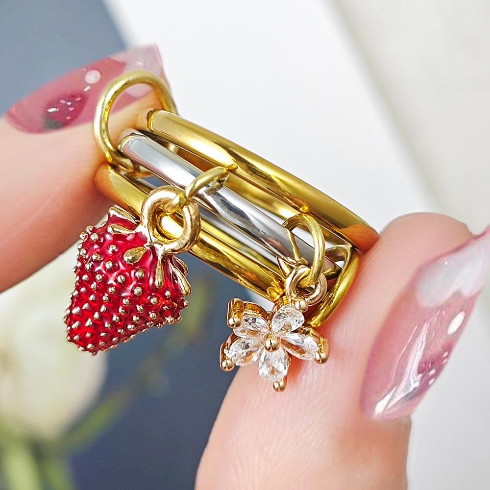 

Sweet Strawberry Flower Charm Ring Set For Girls INS New Stainless Steel Stacking Spinelli Kilcollin Rings Handmade Y2K Jewelry 5