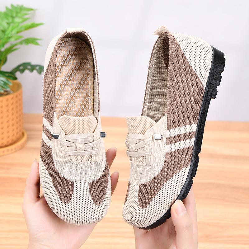 Spring and Autumn Women's Mesh Breathable Soft-Soled Casual Shoes Middle-Aged and Elderly Mom's Shoes Sports Walking Slip-On Plaid Flat Shoes