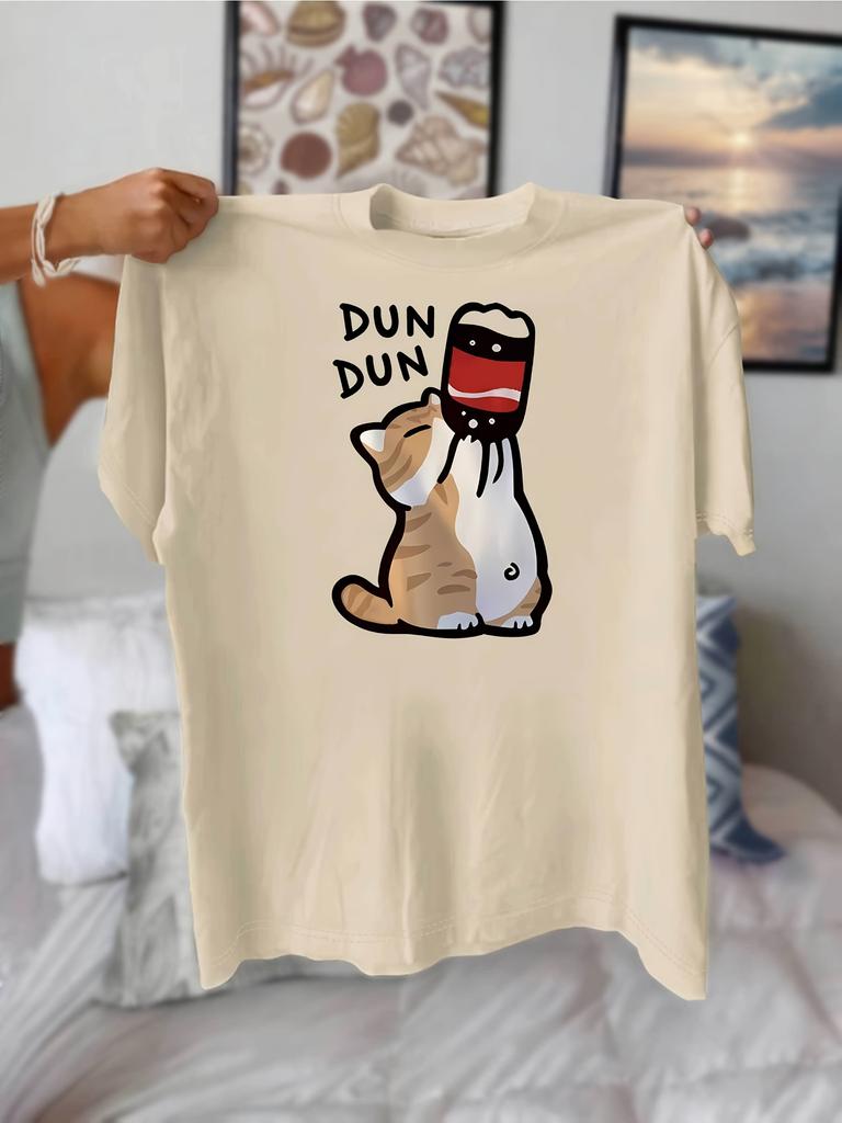 Cute Cartoon Cat DUN DUN Soda Can Womens Crewneck Casual Short Sleeve TShirt Summer Harajuku Streetwear Tops Tees