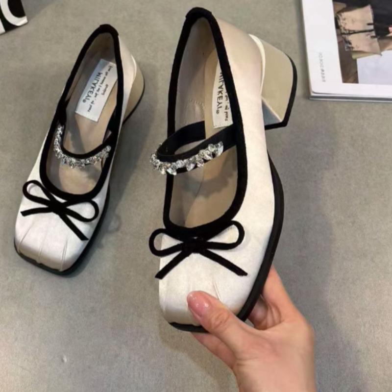 Fashion Coarse Heel Single Shoes Spring New Square Head Shallow Mouth Cloth Surface Butterfly Knot Set Foot High Heels