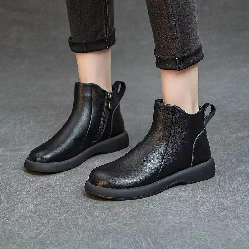 Damen Retro Martin Niedriger Absatz Chelsea Stiefeletten - 2025 Herbst/Winter Koreanischer Stil Klobige Lederschuhe.
