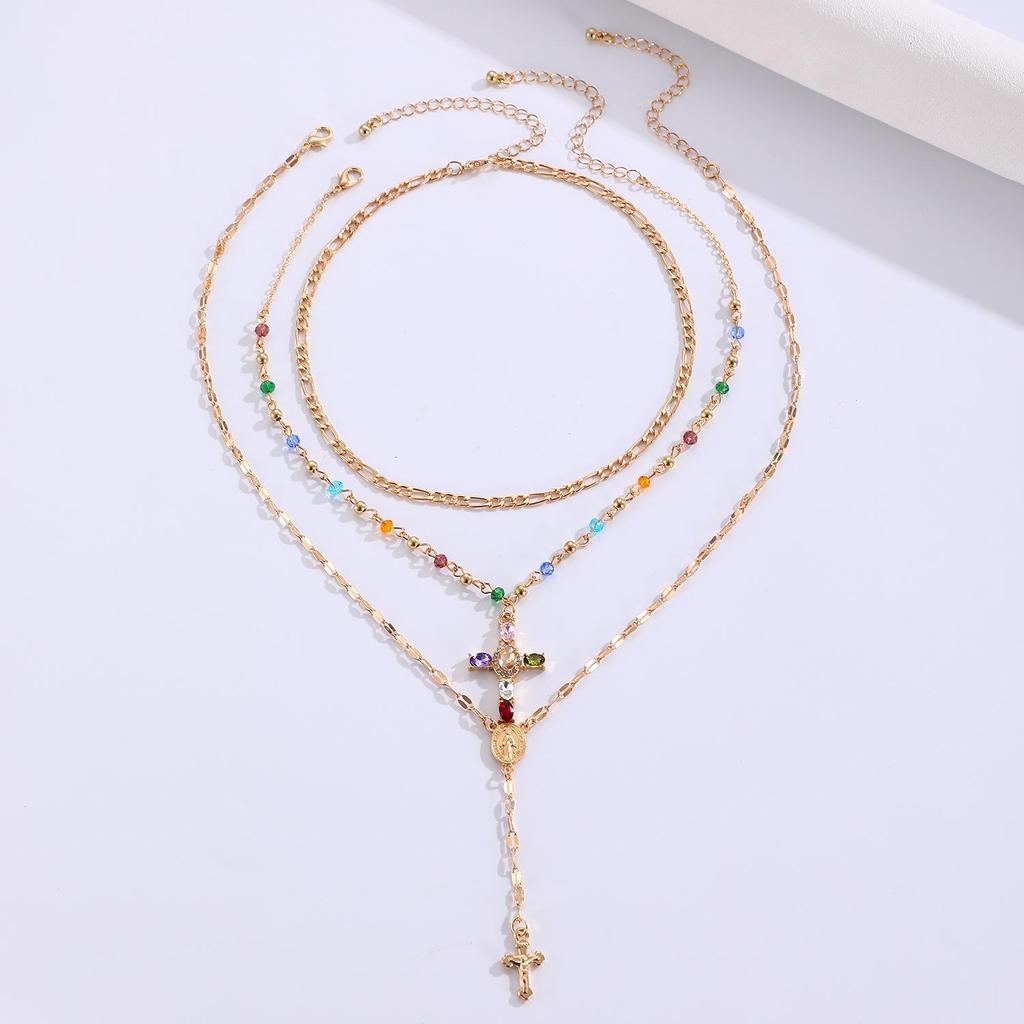 Creative Fashion Sense Colorful Double Layer Cross Pendant Collarbone Chain Y Shaped Tassel Necklace