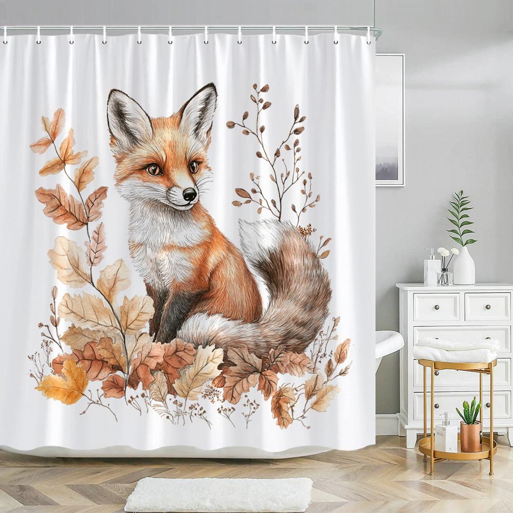 1Pc Autumn Fox Shower Curtain - Cute Fox In Fall Leaves Nature Theme, 70.8X70.8 Inch, Polyester, Machine Washable, With 12 Hooks