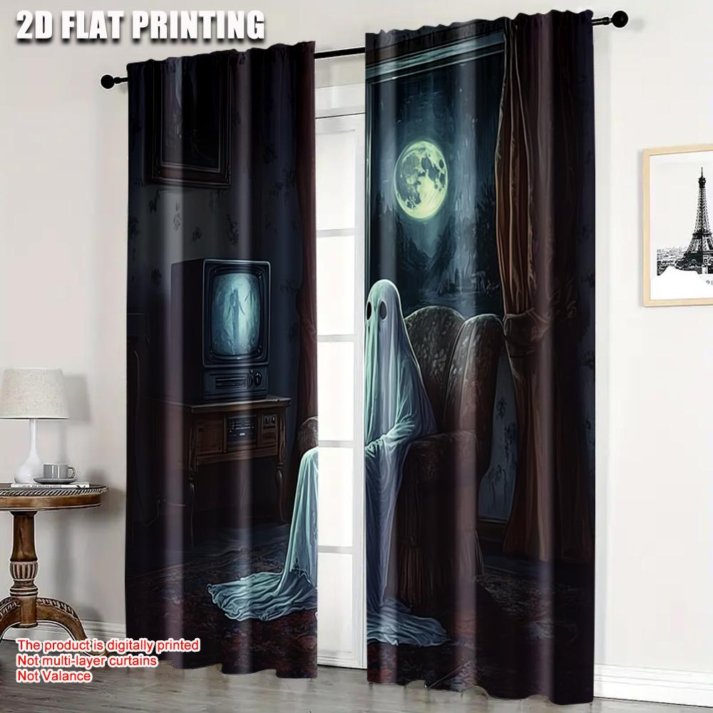 2pc  2D plane printing Print Curtains Ancient CRT TV_ Moonlight Night_ and the Horror Room of Ghost Characters Versatile
