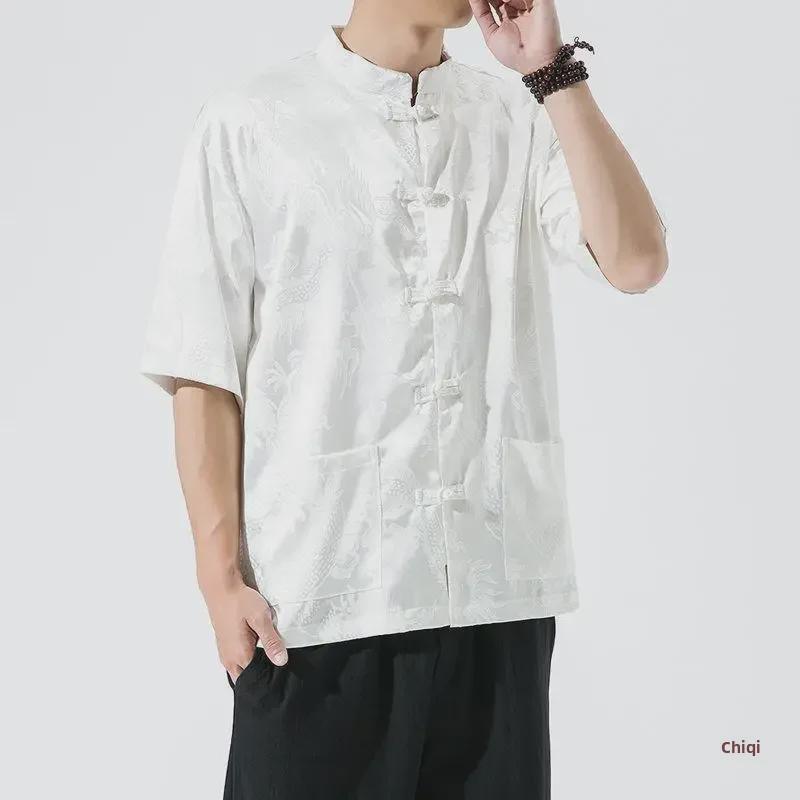 Herren-Tang-Hemd aus Eisseide mit Drachenmuster im chinesischen Stil – kurze Ärmel, lockere Passform