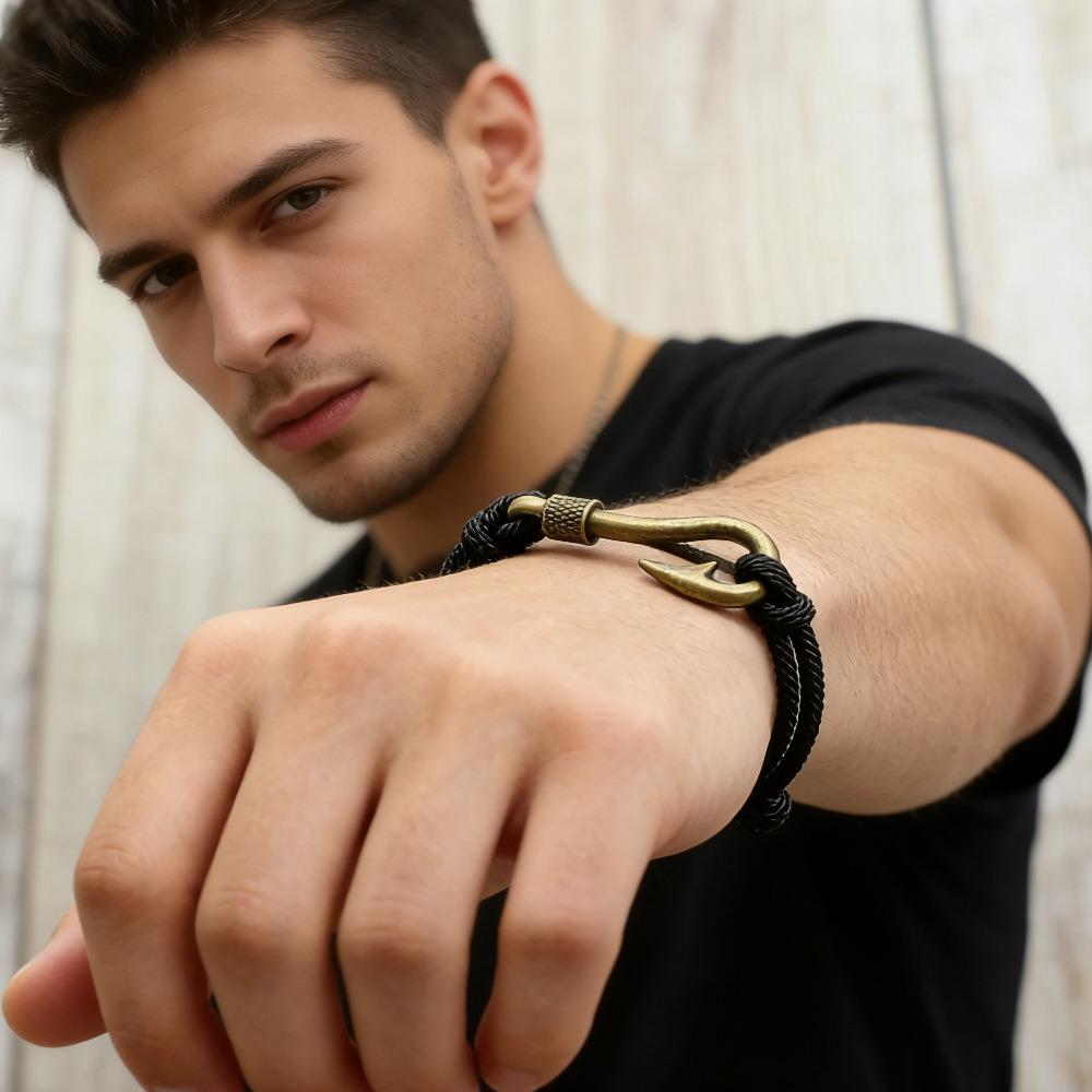 Trendy Fish Hook Double Layer Rope Bracelet, Adjustable Handmade Wristband for Men Women, Stylish Daily Wear Accessories & Gift
