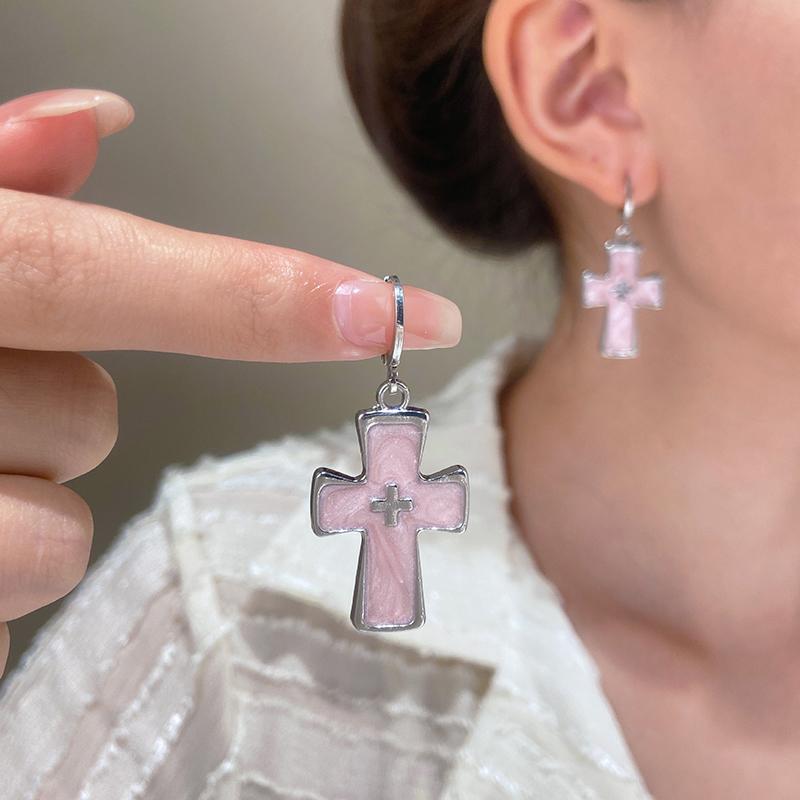 Vintage Gothic Black Heart Shaped Kitten Inlaid With Pink Zircon Earrings Creative Cool Cross Heart Shaped Sweet Jewelry Gift