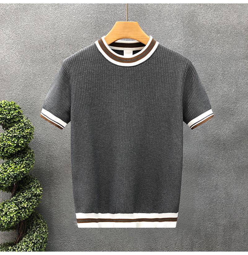 Летний мужской белый полосатый вязаный топ с коротким рукавом XL серый