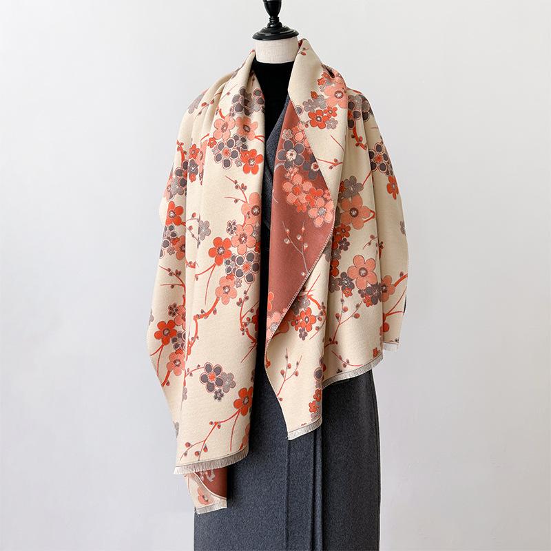 Retro Elegant Plum Blossom Imitation Cashmere Scarf Women'S Thickened Double-Sided Cold Protection Outside With Winter Shawl Office Cape