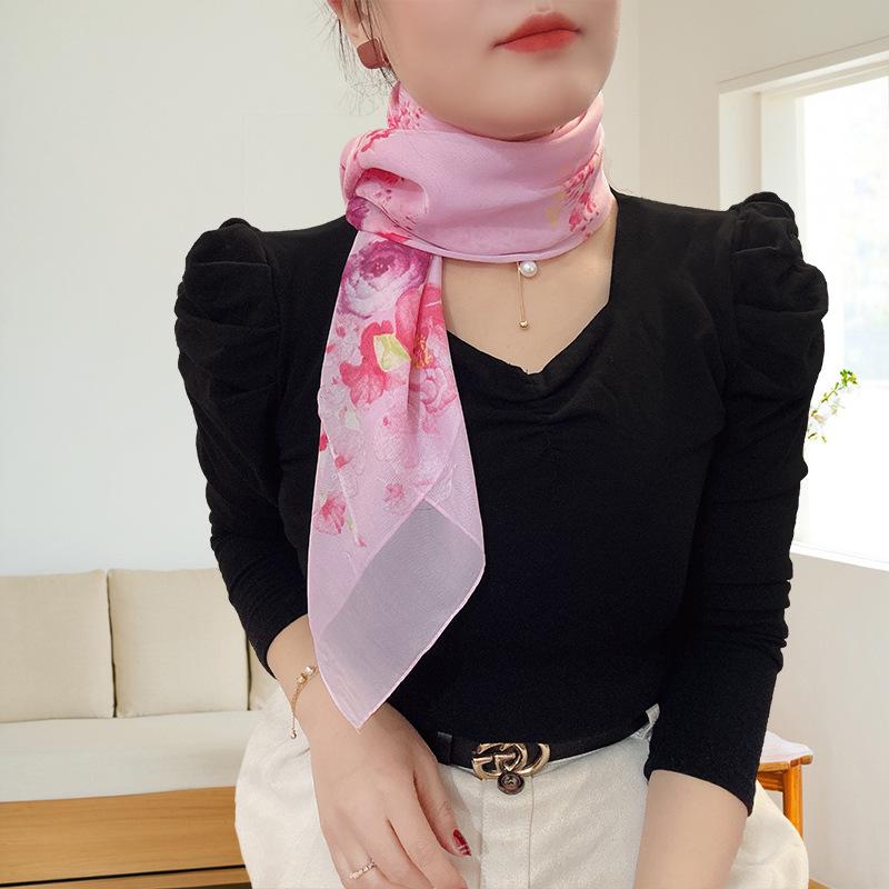 Large 95cm Square Korean Silk Chiffon Scarf for Women - Printed Neck or Head Scarf