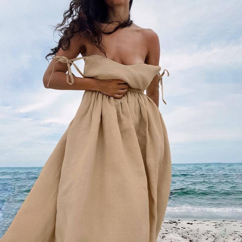 French Khaki Cotton Linen Breathable Halter High Waisted Dress Holiday Style Long Skirt Woman
