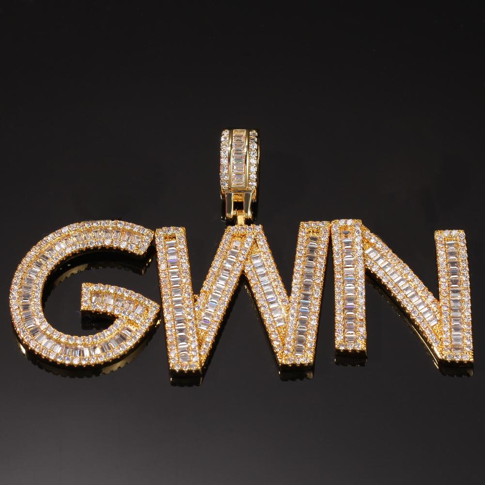 

THE BLING KING Iced Cubic Zircon Baguettecz Initial Letters Pendant Necklace Words Name With 4mm CZ Tennis Chain Jewelry 18inch Rope Chain&2 letters рожевий колір золота