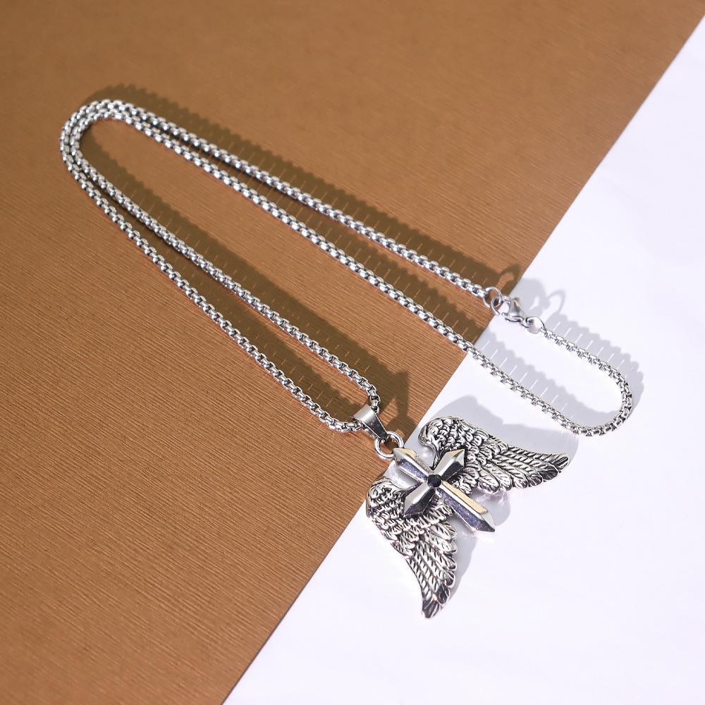 Men's Punk Retro Double Wing Cross Pendant Necklace in Stainless Steel