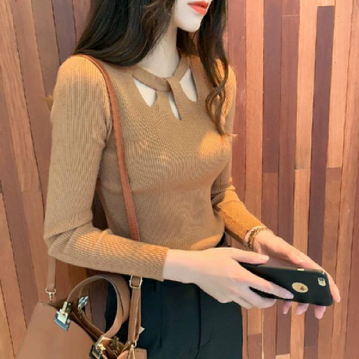 Autumn and Winter Small Sexy Front Chest Hollow Out Slim Fit Base Knitted Shirt for Women, Long Sleeved Temperament Top, Women's Fashion