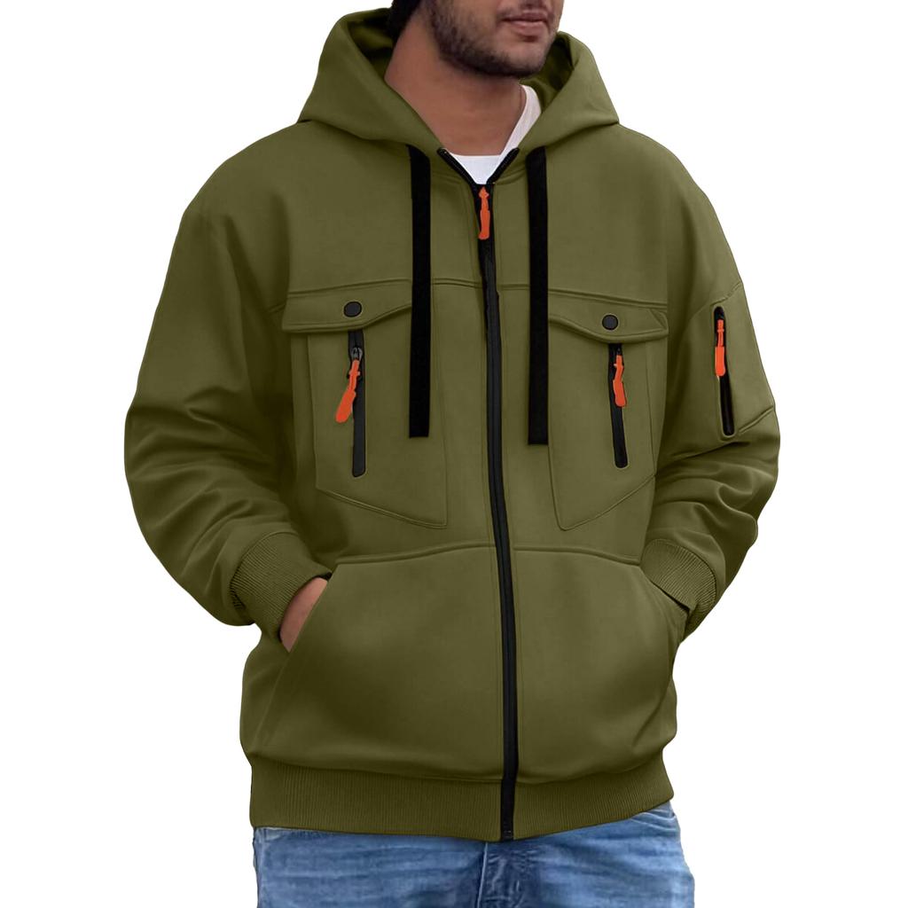 Men's Casual Athletic Jacket with Hood and Zipper, Multi-Pockets, Long Sleeve, for Fall