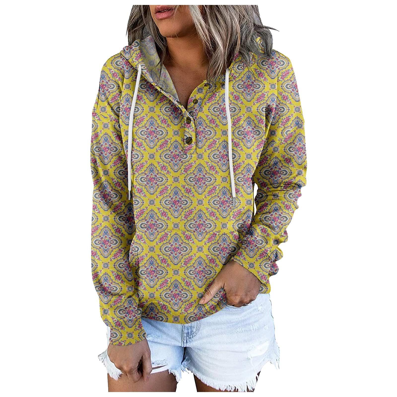 Long Sleeve Shirts For Women Lightweight Crewneck Loose Casual Print Hooded Draw Rope Pullover Tops L