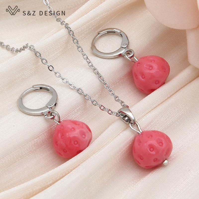 Fashion Pink Strawberry Synthetic Shell Drop Earrings Jewelry Sets For Women Wedding Rose Gold Color Necklace