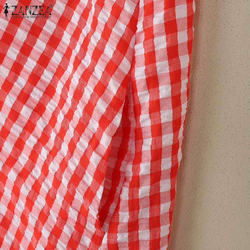 ZANZEA Women Square Collar Summer Loose Casual Sleeveless Plaid Print Dress