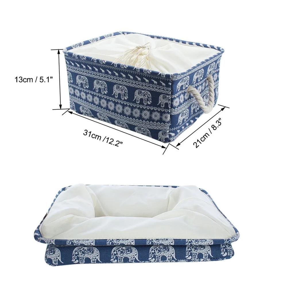 Foldable Storage Bins Fabric Basket with Handles Drawstring Dust Resistant Collapsible Cotton Rope Elephant Design Ideal Home
