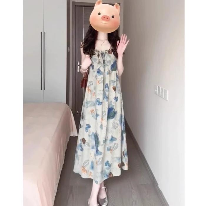 New Chinese suspender dress, ink painting, tie-dye, niche design, literary and artistic national style long skirt, holiday style photo skirt S