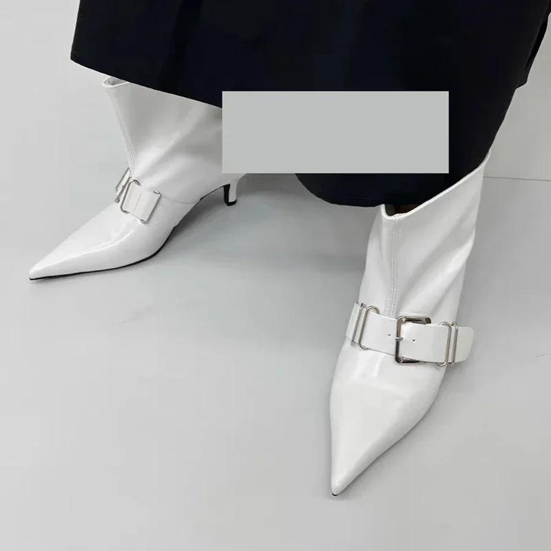 Pointed Toe Metal Buckle Strap Short Boots for Female Women Thin High Heel 2024 New Leather Fabric Elegant Sexy Winter Shoes