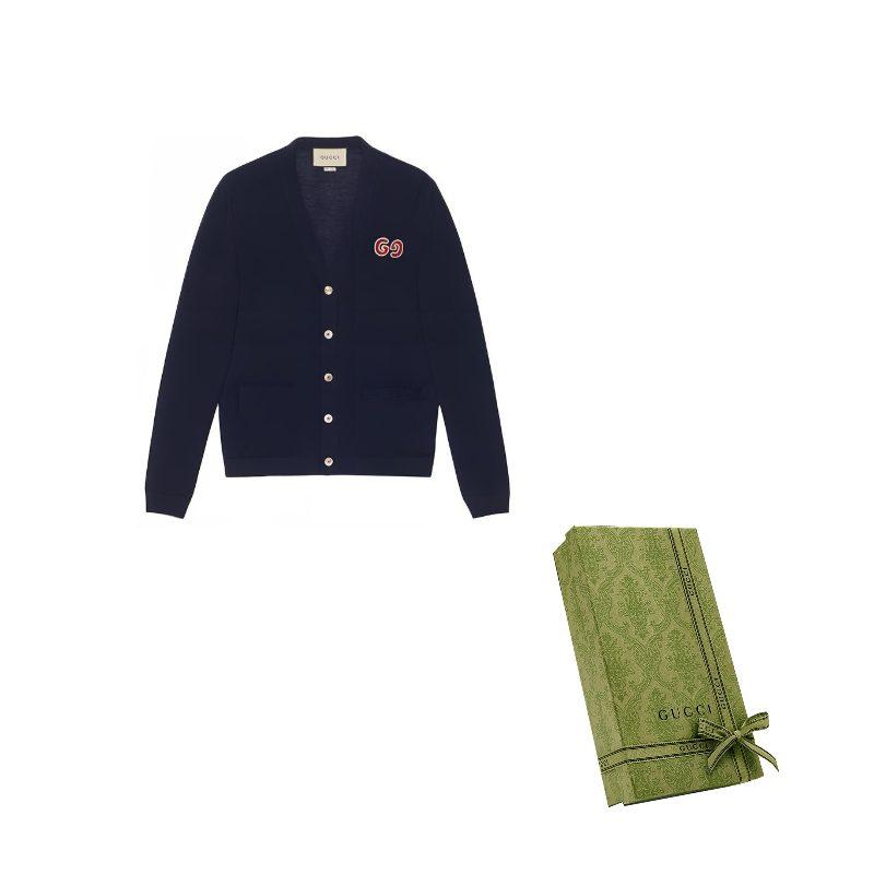 GUCCI GUCCI GG Embroidered Wool Cardigan Knitted Top Navy 576815-XKAOW-4440