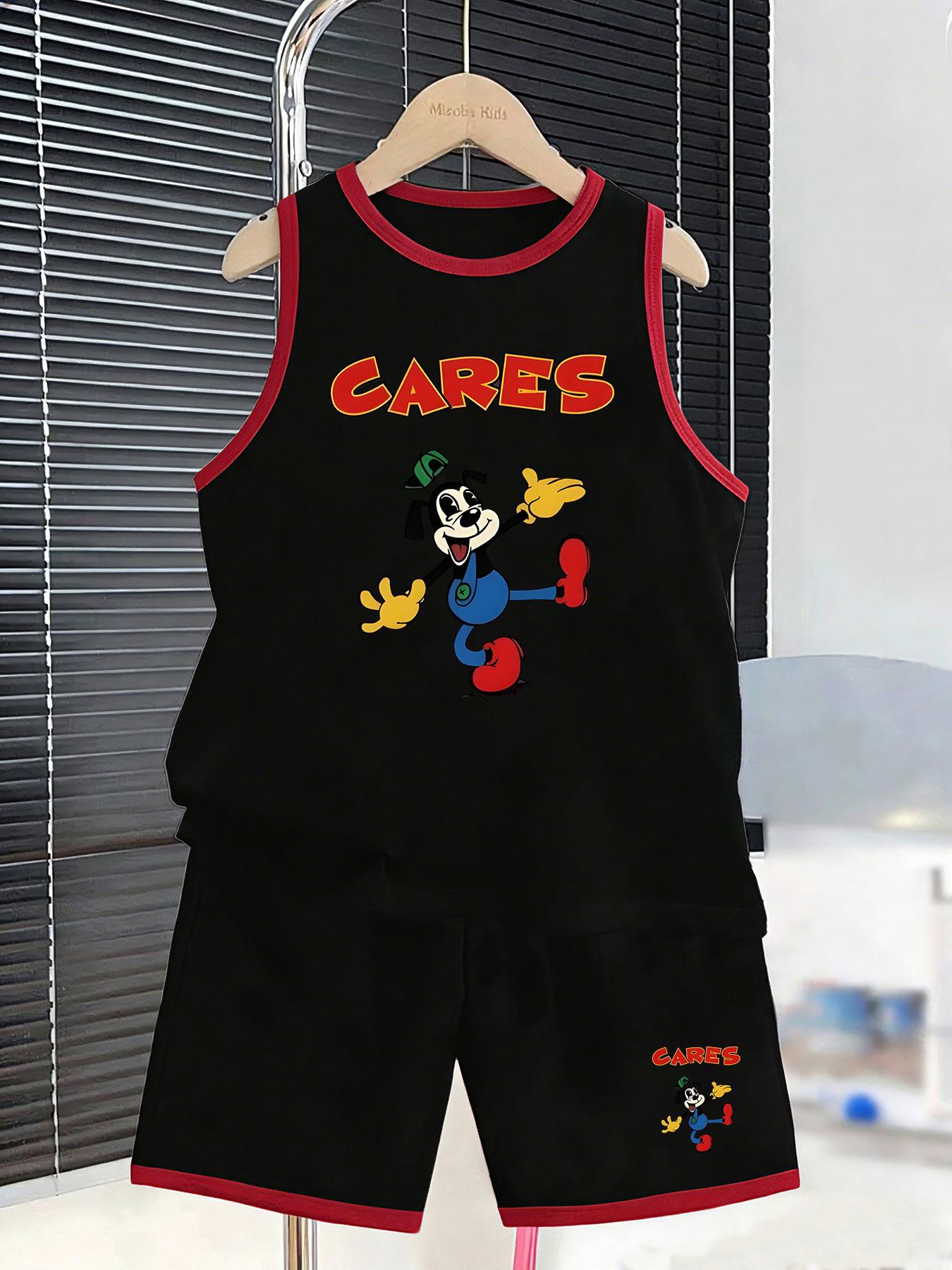 

Boys retro cartoon dog vest shorts with vintage graphic. Stylish old-school design, comfy breathable fabric for street casual wear. 2-3Y чёрный