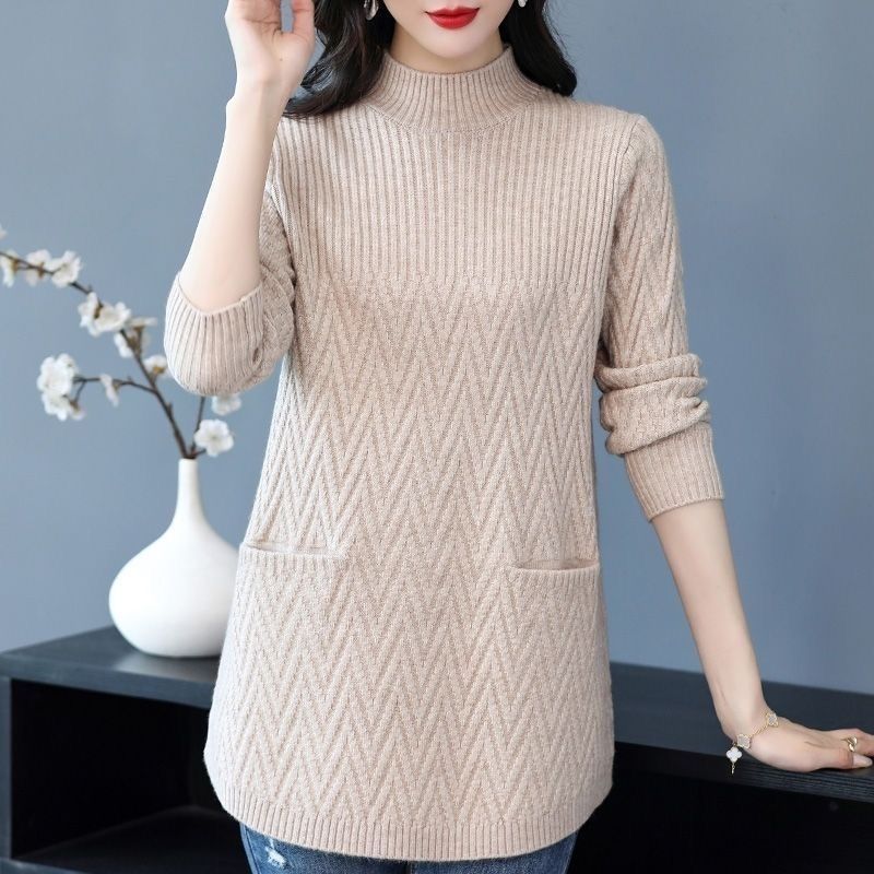 Loose Mid-length Sweater Women's Autumn and Winter Plus-size Casual Pullover Round-neck Solid-color Knitted Sweater