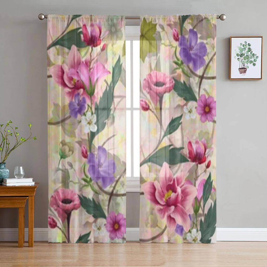 Wunderschön mit Blumen-Botanik-Tüll-Fenstervorhang für Wohnzimmer, Schlafzimmer, transparente Voile-Vorhänge, Küchenbehandlungen, Vorhänge